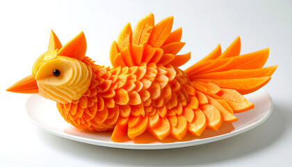 Ultra-detailed food art sculpture of carrot bird — gourmet plating, healthy eating, or creative culinary presentation concept