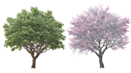 Two same chestnut trees side by side one representing summer with green leaves on transparent background