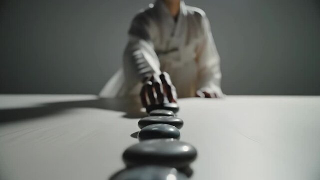 Woman stacking stones on table calmly.