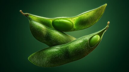 Ultra-realistic macro shot of two steamed edamame pods