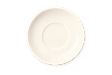 White ceramic saucer top view on a transparent background, empty kitchen dish for coffee cup or tea mug