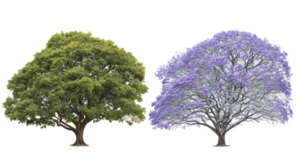Two same jacaranda trees side by side one representing summer one winter on transparent background