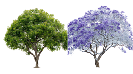 Two same jacaranda trees side by side one representing summer one winter on transparent background