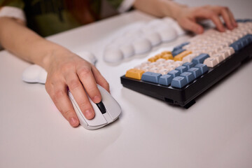 Keyboard setup showcase, Ergonomic mechanical keyboard display, Closeup of tactile switches on custom keyboard, Designer testing pastel keycaps with ergonomic wrist cushion setup