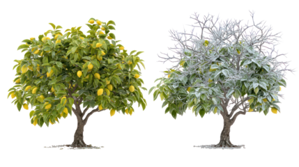 Two same magnolia trees side by side one representing summer one winter on transparent background