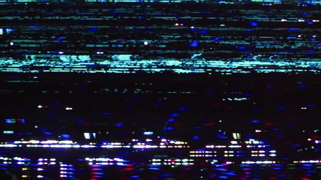 Abstract digital glitch art with horizontal lines and vibrant color distortion on a dark background, resembling a corrupted video signal or static.