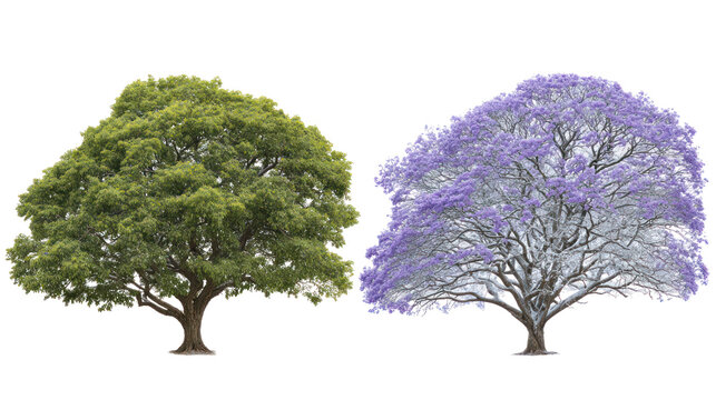 Two same jacaranda trees side by side one representing summer one winter on transparent background
