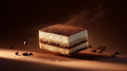 Ultra-realistic shot of a clean slice of Tiramisu dusted with cocoa powder