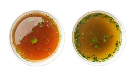 Clear vegetable broth and bone broth soup two bowls side by side on transparent background