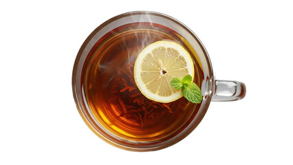 Hot tea with lemon slice and mint leaf in glass cup, isolated on transparent background, healthy drink concept