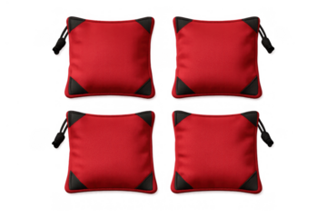 Red cornhole bean bags displaying four square game accessories. Set for recreation, sport, and fun on a transparent background