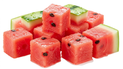 Fresh watermelon cubes cut into square shape, isolated on transparent background