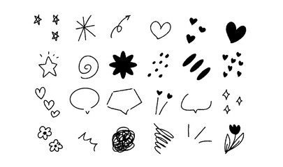 Hand Drawn Doodle Decorative Elements Set &ndash; Hearts, Stars, Arrows Vector
