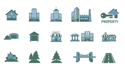 Real Estate Icons: Houses, Buildings, Property, Hospital, Factory, Bridge, Road © Azrha