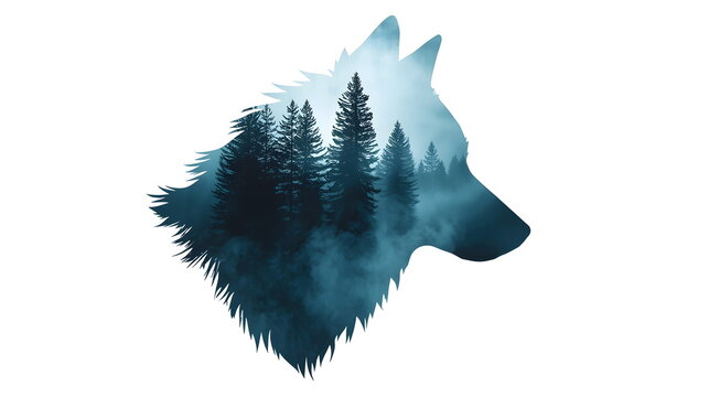 Double exposure silhouette of a wolf head with misty pine forest landscape and blue tone - Powered by Adobe