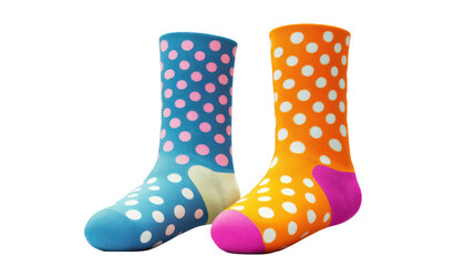 Colorful polka dot socks side by side realistic fabric folds on transparent background