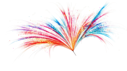 Colorful pyrotechnic display with sparkling trails on transparent background