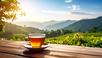 Serene tea time: Glass cup on wooden table with mountain view backdrop