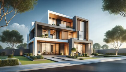 Obraz premium Modern multi-story house with large windows.