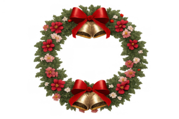 Christmas wreath decorating festive season with red bows, golden bells, flowers, and evergreens on transparent background