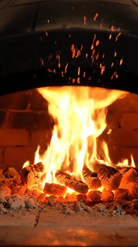 レンガのオーブンの中で燃える伝統的な薪火。明るいオレンジ色の炎と燃えさしが灯ります。