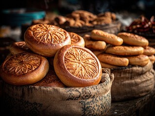  Golden Brown Patterned Buns, Central Asian Street Food Photography