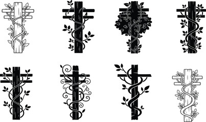 Black and white Christian cross vector icons set with ivy vines and leaves, religious faith symbols for baptism, easter and memorial. © Mdjoshelahamed4400 