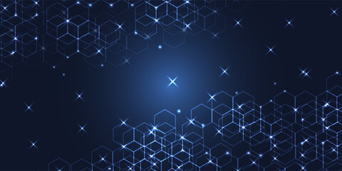 Abstract technology background with glowing hexagon grid and sparkling light dots, creating a futuristic digital design for technology and innovation themes.