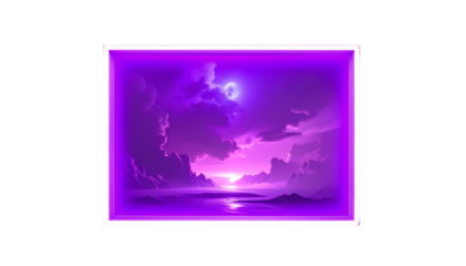 A surreal landscape painting featuring a vibrant purple sky, reflecting in calm water, with mountain silhouettes