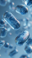 blue liquid capsules with bubbles, transparent medical capsules floating, abstract biotech pill concept

