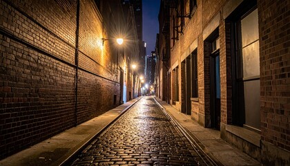 Fototapeta premium Dark and scary vintage cobblestone brick city alley at night in Chicago