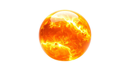 A vibrant, glowing sphere radiating intense heat and light against a stark black background. The orb displays dynamic, fiery patterns