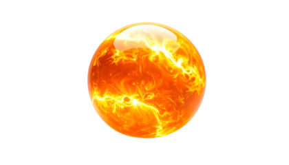 A vibrant, glowing sphere radiating intense heat and light against a stark black background. The orb displays dynamic, fiery patterns