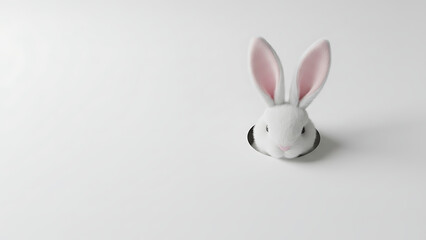 Minimalist Easter Bunny Ears Peeking from Torn Paper Hole on Clean White Background with Copy Space, Simple Spring Holiday Concept