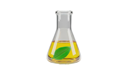 Erlenmeyer flask with yellow liquid and green leaf