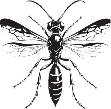 Parasitic wasp (Trichogramma, Ichneumon wasps) Hand-drawn Sketch Drawing Vector Illustration, Line Linear Symbol Engraving Coloring Book, Black and White Isolated