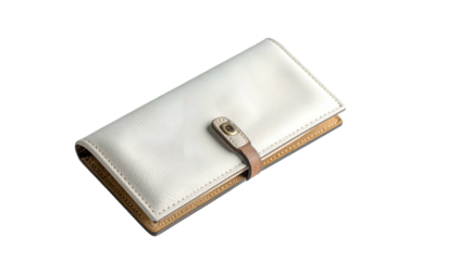 A white and brown leather wallet, rectangular, with a snap closure, set against a solid black background