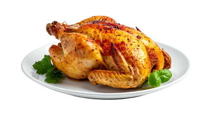 A whole roasted bird sits on a white plate with parsley. Golden-brown skin glistens. The meal is ready to be served