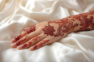 Close Up of Woman Hand Decorated with Red Henna Mehndi Resting on White Silk
