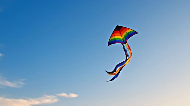 Rainbow kite flying in sky.
