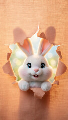 Adorable Easter Bunny Portrait Emerging from Torn Textured Sheet, Fluffy Rabbit Head Framed by Paper Breakthrough for Spring Holiday Happiness
