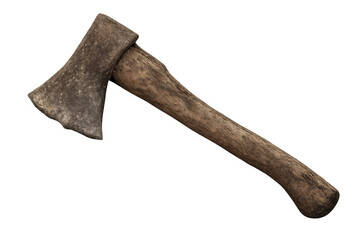 Old axe featuring a dull, rusty metal head and a worn wooden handle, isolated on a transparent background