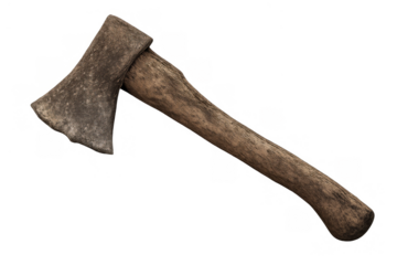 Old axe featuring a dull, rusty metal head and a worn wooden handle, isolated on a transparent background