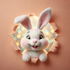 Adorable Easter Bunny Portrait Emerging from Torn Textured Sheet, Fluffy Rabbit Head Framed by Paper Breakthrough for Spring Holiday Happiness
