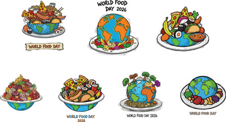 Illustrations of the Earth filled with food representing World Food Day and a global culinary celebration