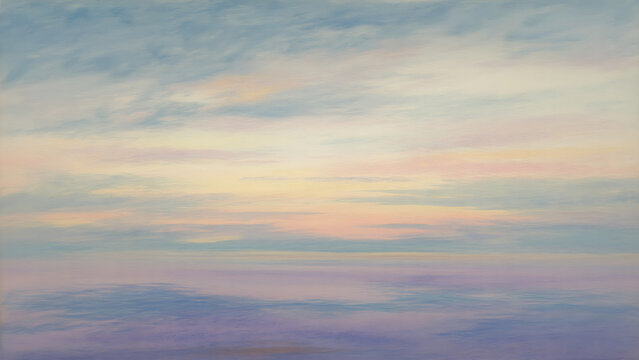 Soft pastel sunset over serene ocean with gentle cloudy sky