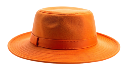 An isolated close-up of a vibrant orange hat with a circular brim, a distinctive crown, and a matching band