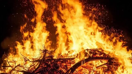Intense bonfire burning brightly against a dark night sky, creating a mesmerizing display of heat and light.