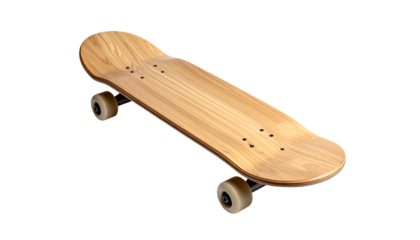 An isolated, close-up studio shot presents a wooden skateboard with its deck and wheels. The brown wooden surface shows grain