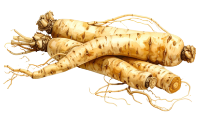 Close-up illustration depicting several beige-colored root vegetables with textured surfaces and thin, light-colored rootlets